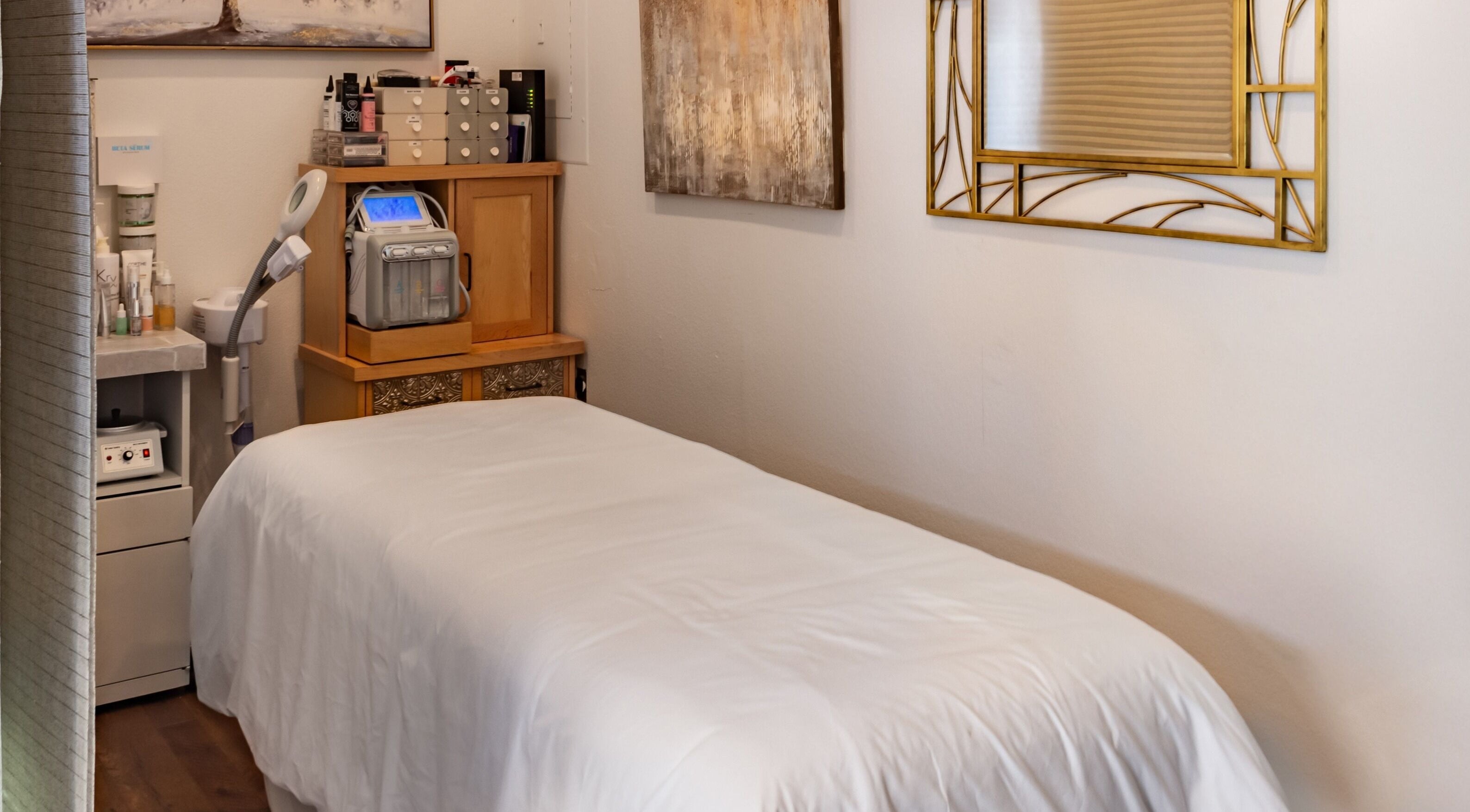 Relaxing treatment room at Double O Day Spa in Big Sky, Montana with soft decor and serene ambiance.