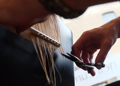 Detailed haircut in progress at Neil Curry Hairdressing Ltd, Cambridge, England, GB.