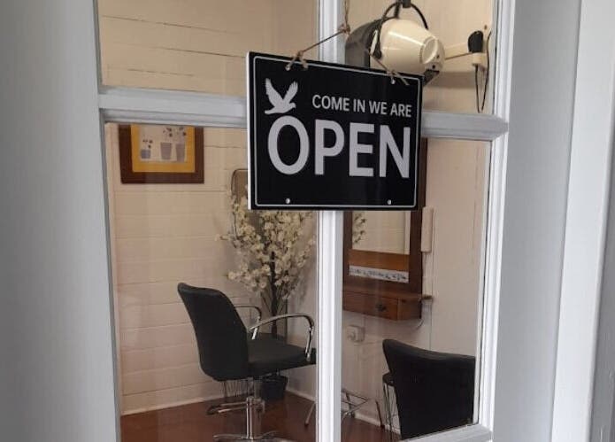 Sadie's Hair Shed entrance with open sign in Beaudesert, Queensland, AU.