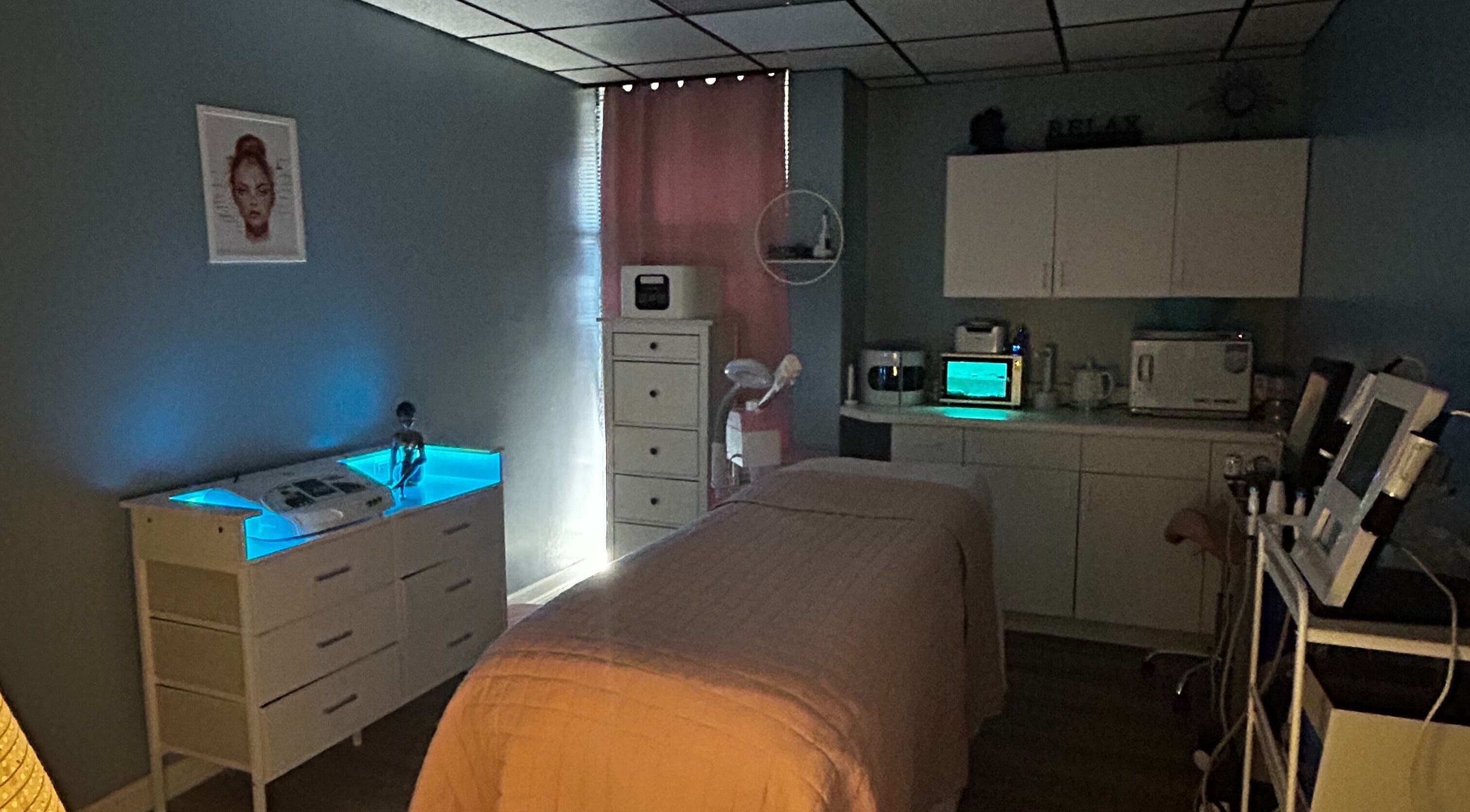 Calm treatment room at Bio Beauty Skincare and Wax Center, Gainesville, Florida, US.