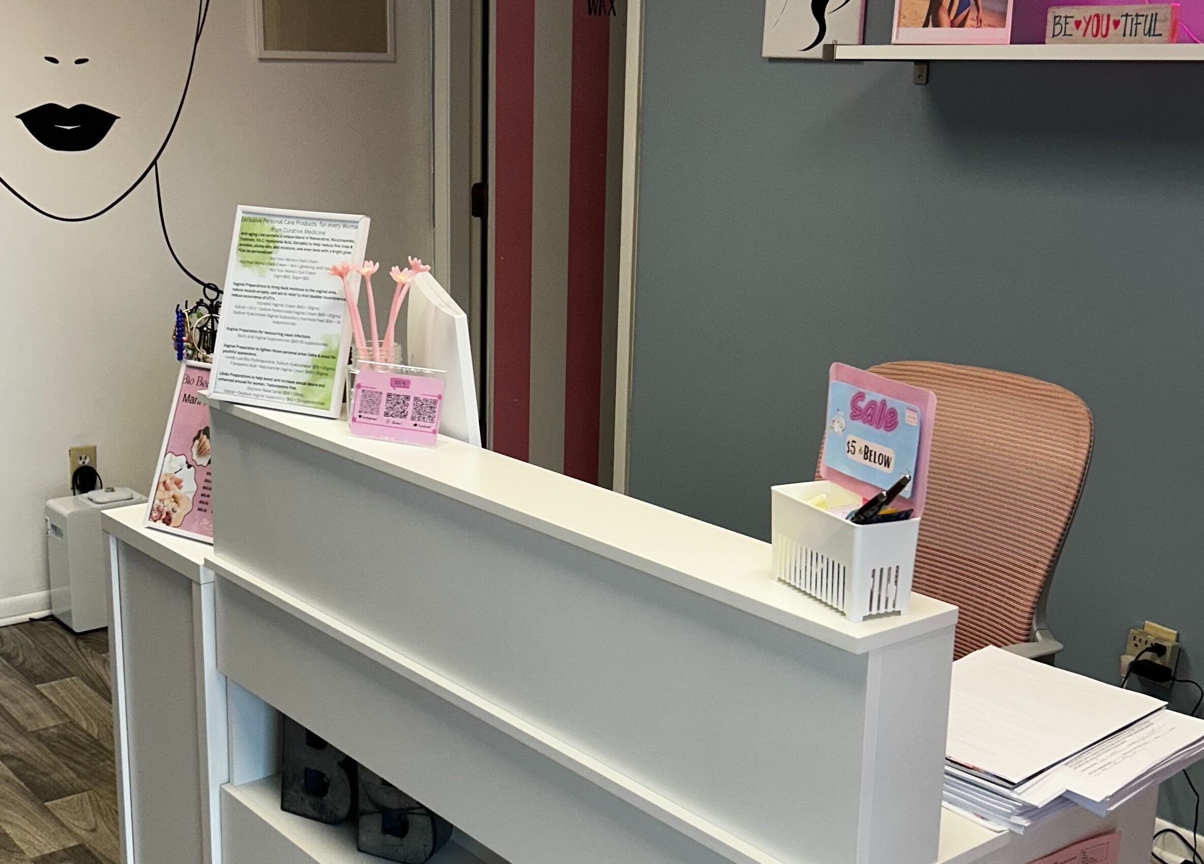 Reception area at Bio Beauty Skincare and Wax Center in Gainesville, Florida, US with modern decor.