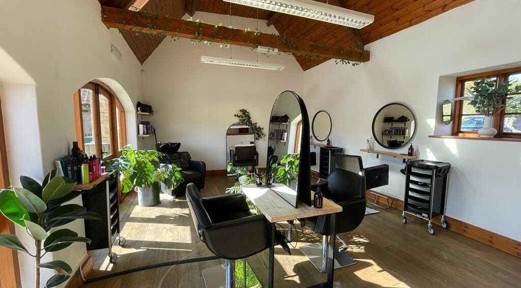 Stylish interior of Bavaro’s Hair Design Ltd, Aldwincle, England, with plants and modern salon chairs.