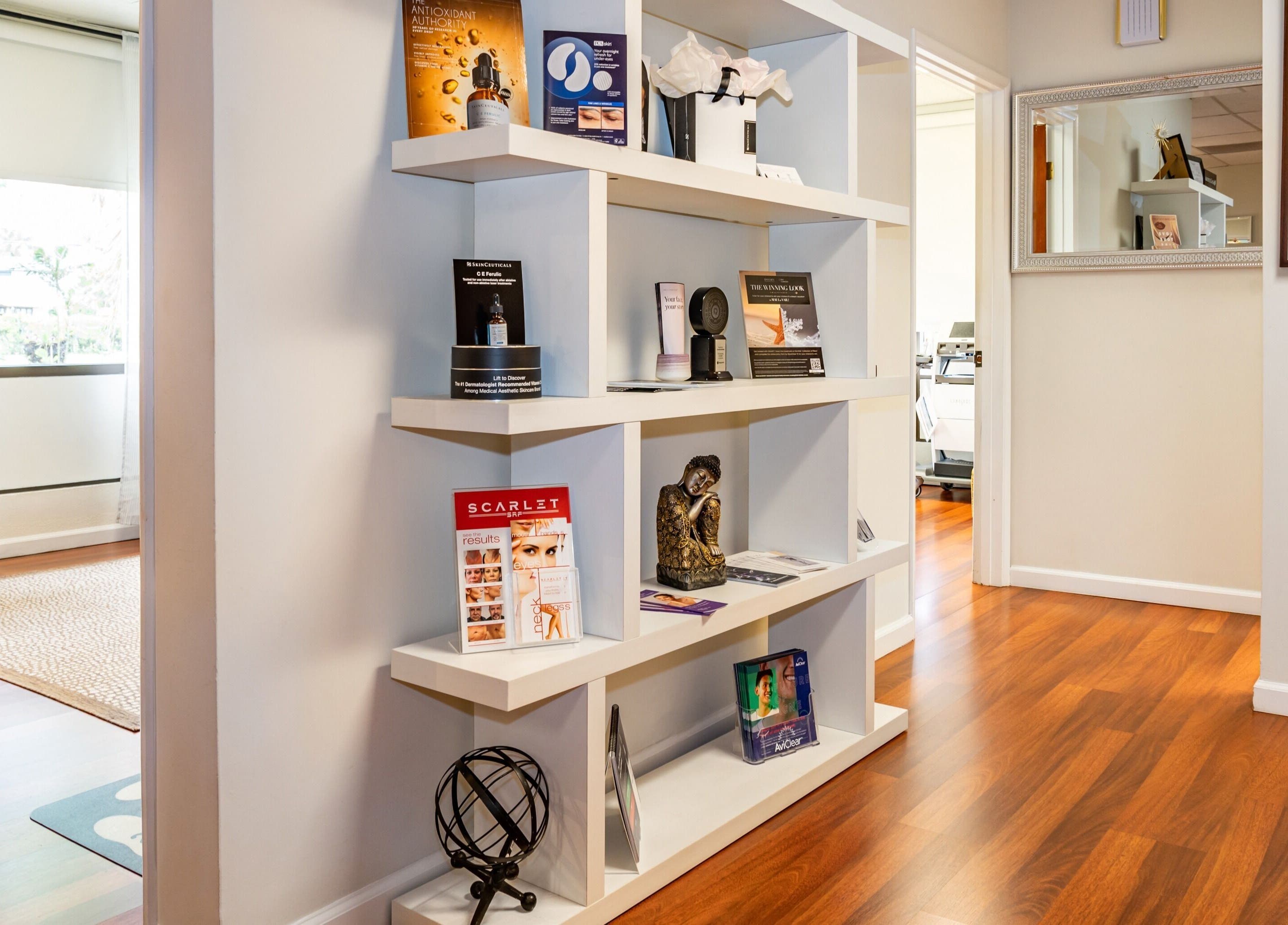 Stylish bookshelf and decor at About Face Kailua, Kailua, Hawaii, US enhancing wellness ambiance.