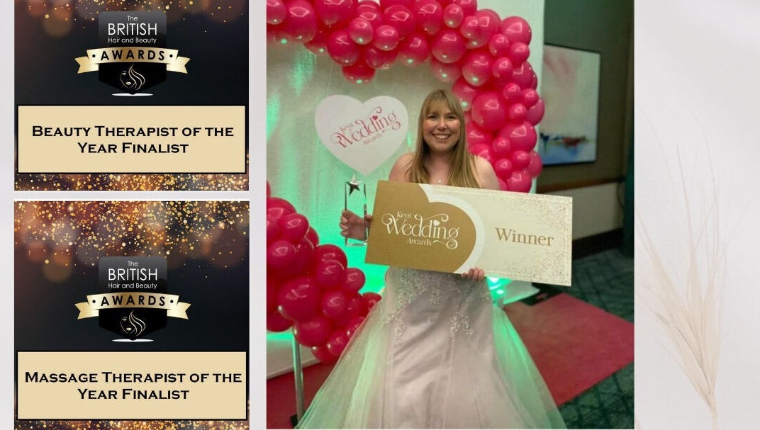 Kent Professional Makeup and Therapies in Ryarsh, England celebrating beauty awards with pink balloons.