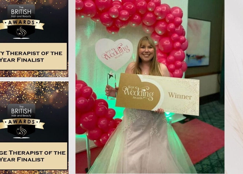 Kent Professional Makeup and Therapies in Ryarsh, England celebrating beauty awards with pink balloons.