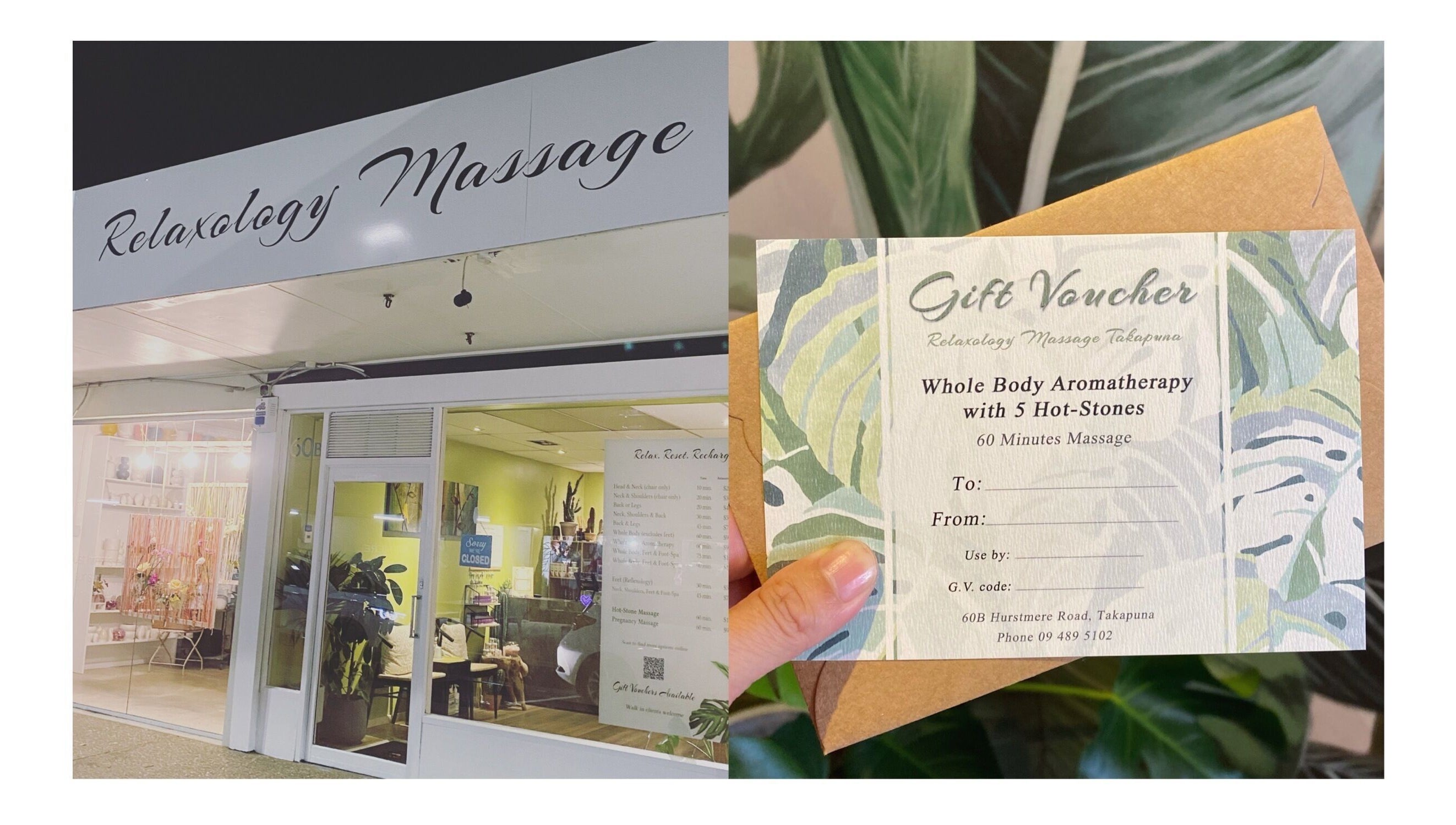Front view of Relaxology Massage Takapuna in Auckland, NZ, displaying gift voucher details.