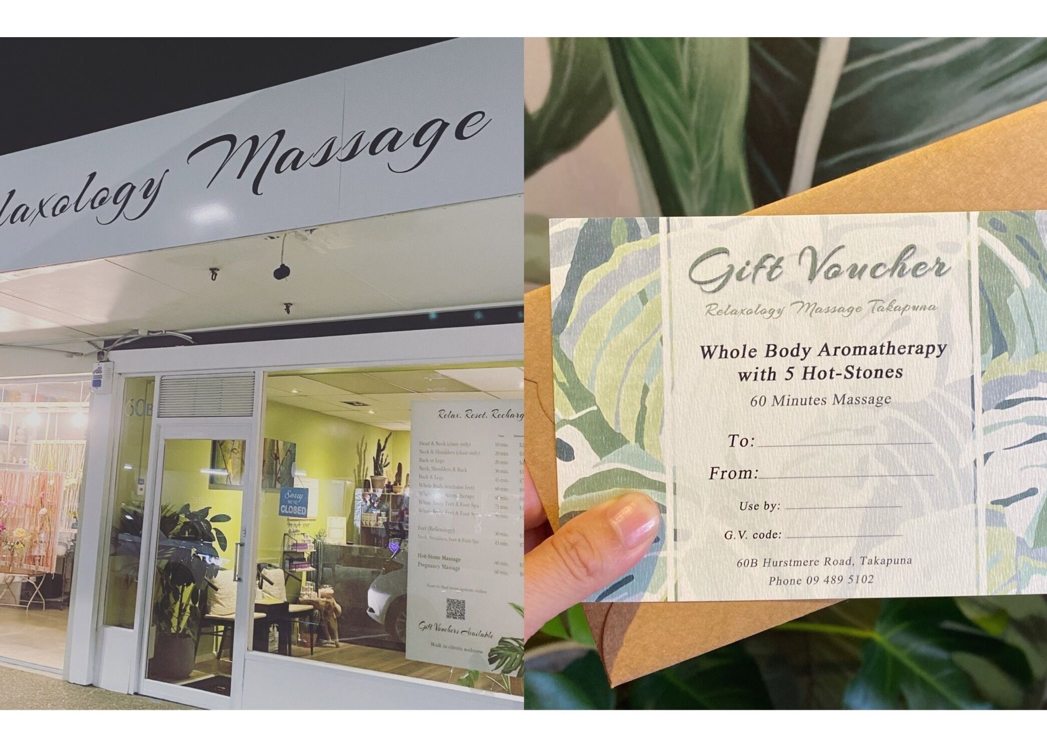 Front view of Relaxology Massage Takapuna in Auckland, NZ, displaying gift voucher details.