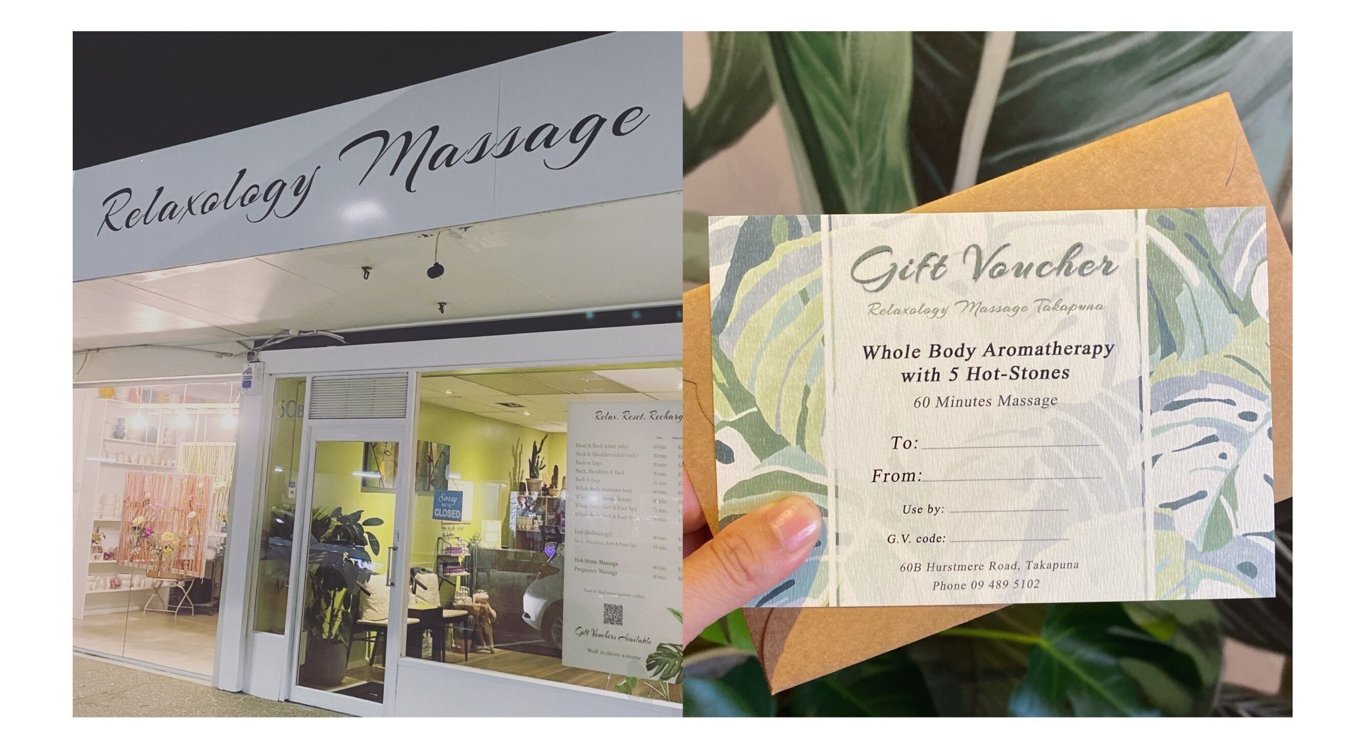 Front view of Relaxology Massage Takapuna in Auckland, NZ, displaying gift voucher details.