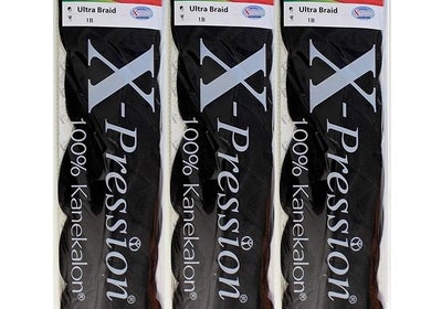 X-Pression braiding hair display at Noir Braiding Bar, Randburg, Gauteng, ZA.