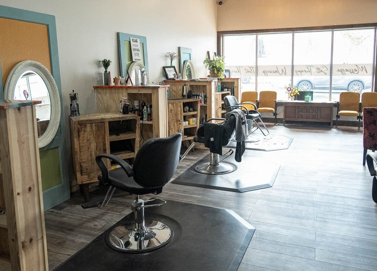 Modern salon chairs and stations at In the Spalight, Dickson, Tennessee, US.
