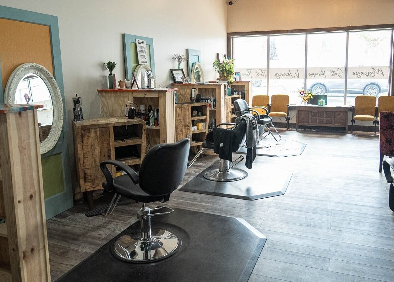 Modern salon chairs and stations at In the Spalight, Dickson, Tennessee, US.