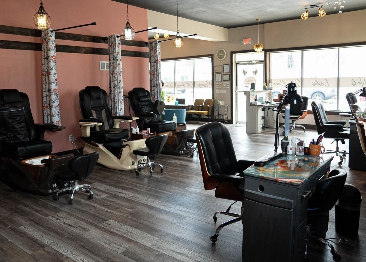 Relaxing spa interior at In the Spalight, Dickson, Tennessee, US, featuring modern pedicure stations.