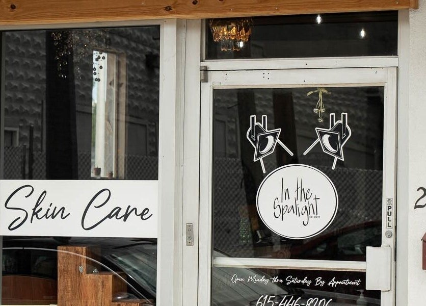 Front entrance of 'In the Spalight' skin care venue in Dickson, Tennessee, US, showcasing modern decor.