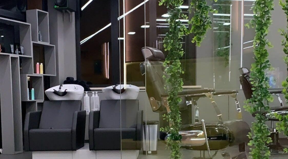 Interno di Modo Central Barbieria a Porto Sant'Elpidio, Marche, IT con poltrone moderne e decorazioni verdi.