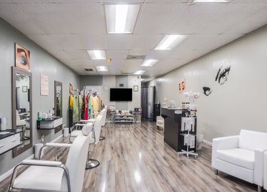 Sleek interior of Eye Bar Beauty Salon in Stockton, California, US, featuring modern beauty stations and decor.