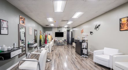 Sleek interior of Eye Bar Beauty Salon in Stockton, California, US, featuring modern beauty stations and decor.