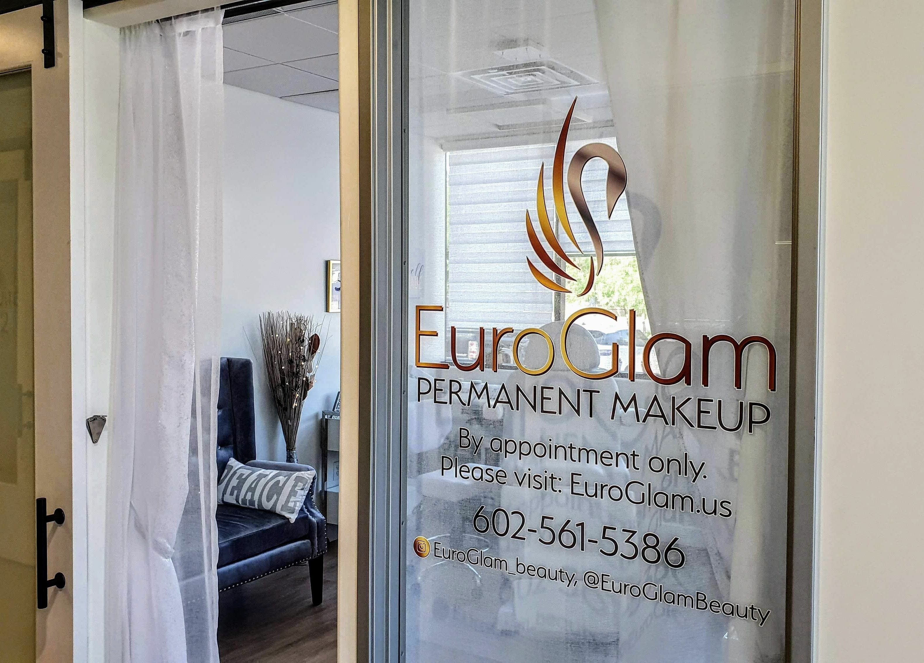 Entrance to Euro Glam Gilbert featuring logo and decor in Gilbert, Arizona, US.
