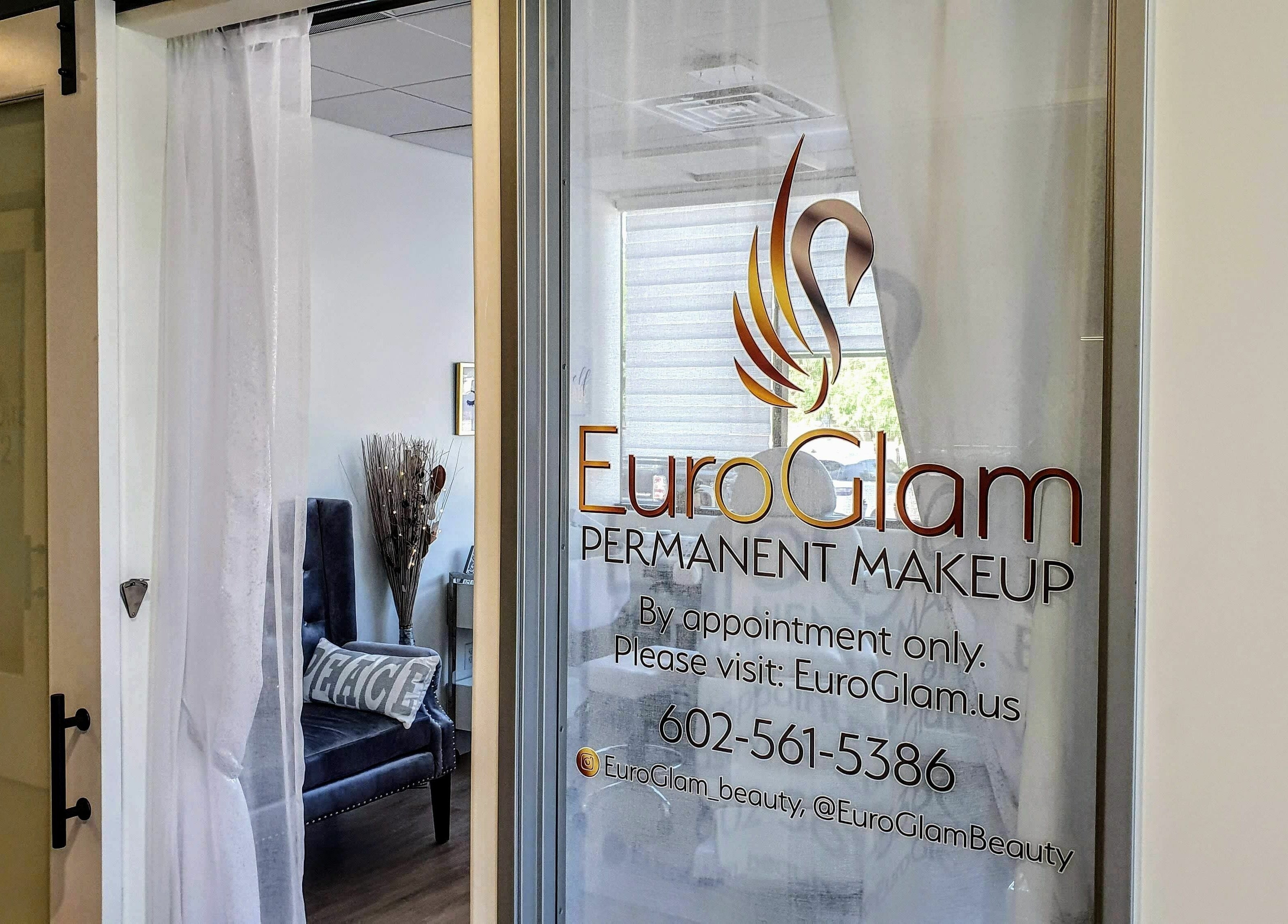 Entrance to Euro Glam Gilbert featuring logo and decor in Gilbert, Arizona, US.