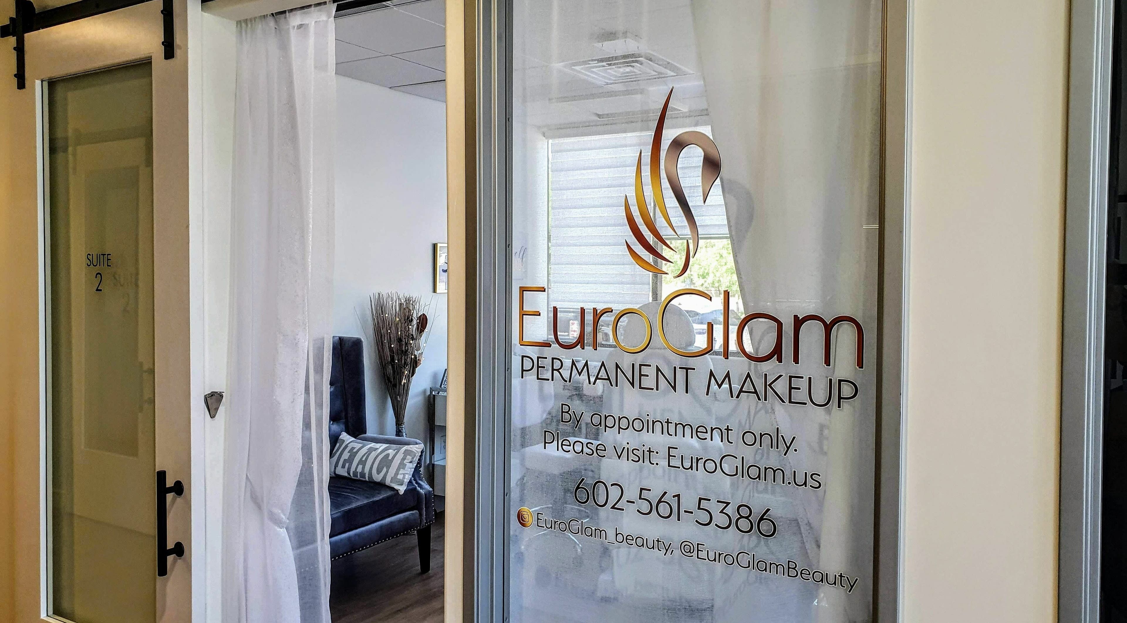 Entrance to Euro Glam Gilbert featuring logo and decor in Gilbert, Arizona, US.