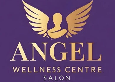Logo of Angel Wellness Centre Salon in Birtley, England, GB. Features gold wings and text on a purple background.