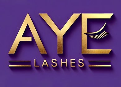 Golden AYE Lashes logo on purple at Angel Wellness Centre Salon, Birtley, England, GB.