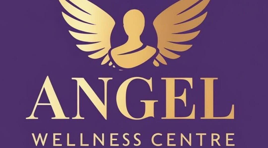 Logo of Angel Wellness Centre Salon, Birtley, England, GB in gold on purple background.
