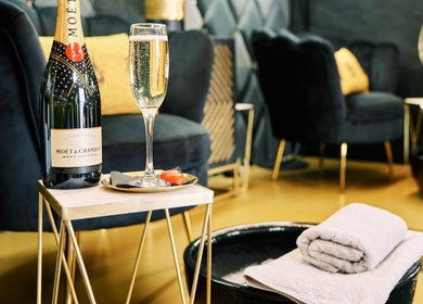 Champagne and towel setup in Olive Beauty & Aesthetics - Woburn Sands, Milton Keynes, England, GB.
