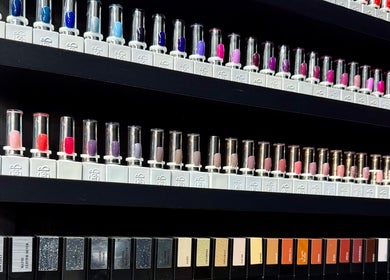 Colorful nail polish display at Olive Beauty & Aesthetics - Marston Mortaine, Marston Moretaine, England, GB.
