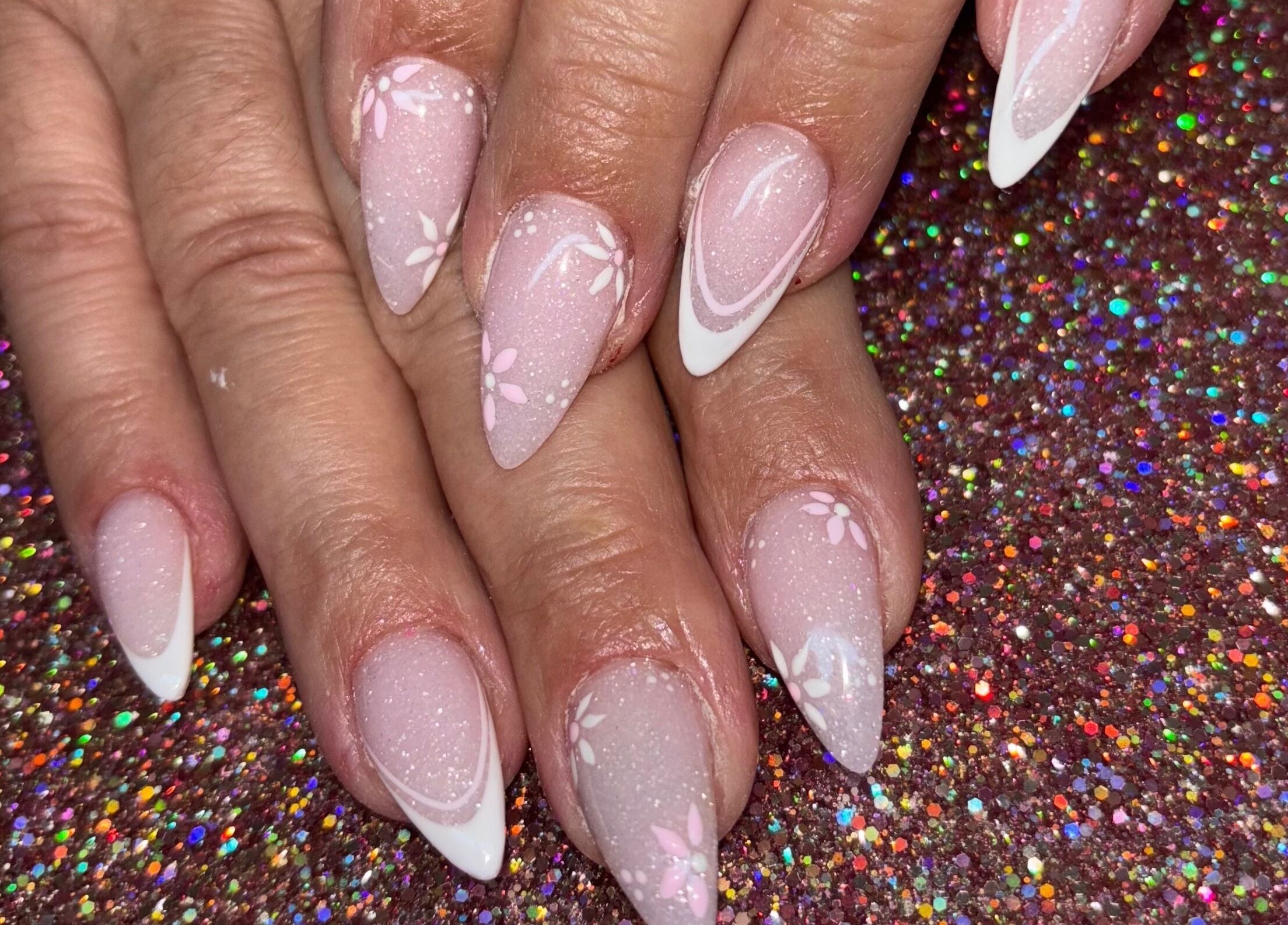 Elegant pink and white nail art at Luxe Beauty MK, Crownhill, England, GB.