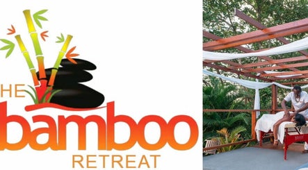 Relaxing massage at The Bamboo Retreat, St. George, BB, under a wooden pergola surrounded by lush greenery.