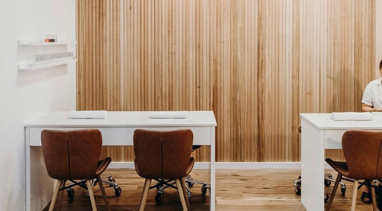 Modern nail salon workstations at Heartspace Beauty Collective, Nelson Bay, New South Wales, AU.