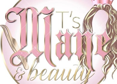 T's Mane & Beauty logo with pink and gold design in Abertillery, Wales, GB.