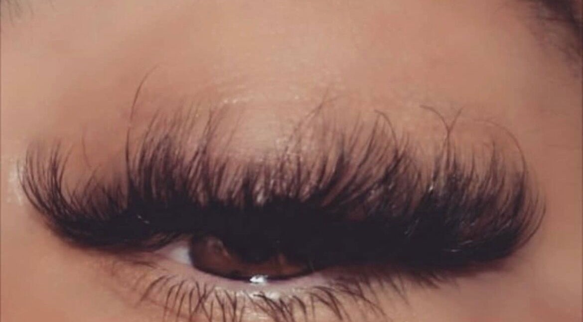 Close-up of expertly applied eyelash extensions at LASHES BROWS SKIN By Laura, Sheffield, England, GB.