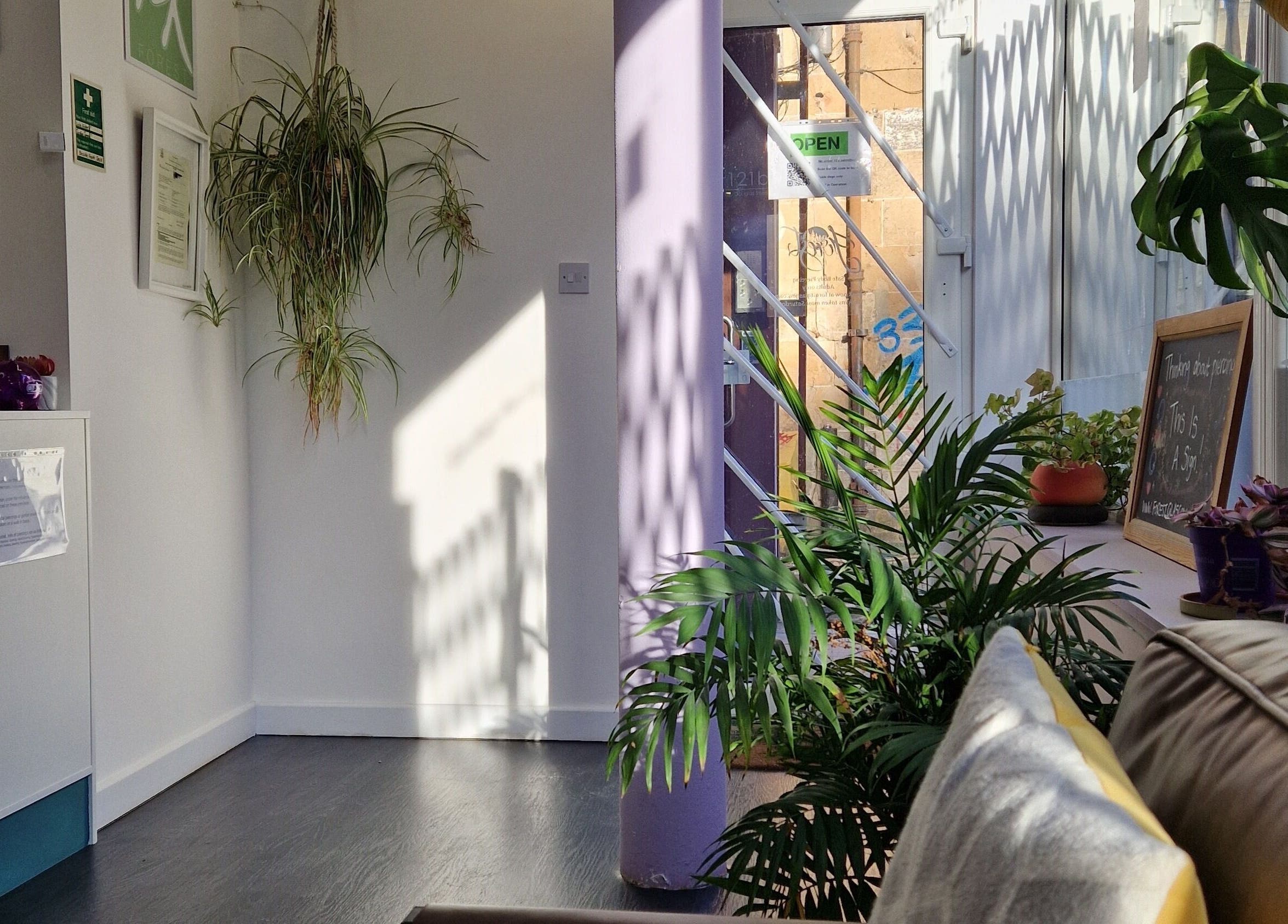 Bright and welcoming entrance of Forest Piercing in Glasgow, Scotland, GB with plants and cozy seating.
