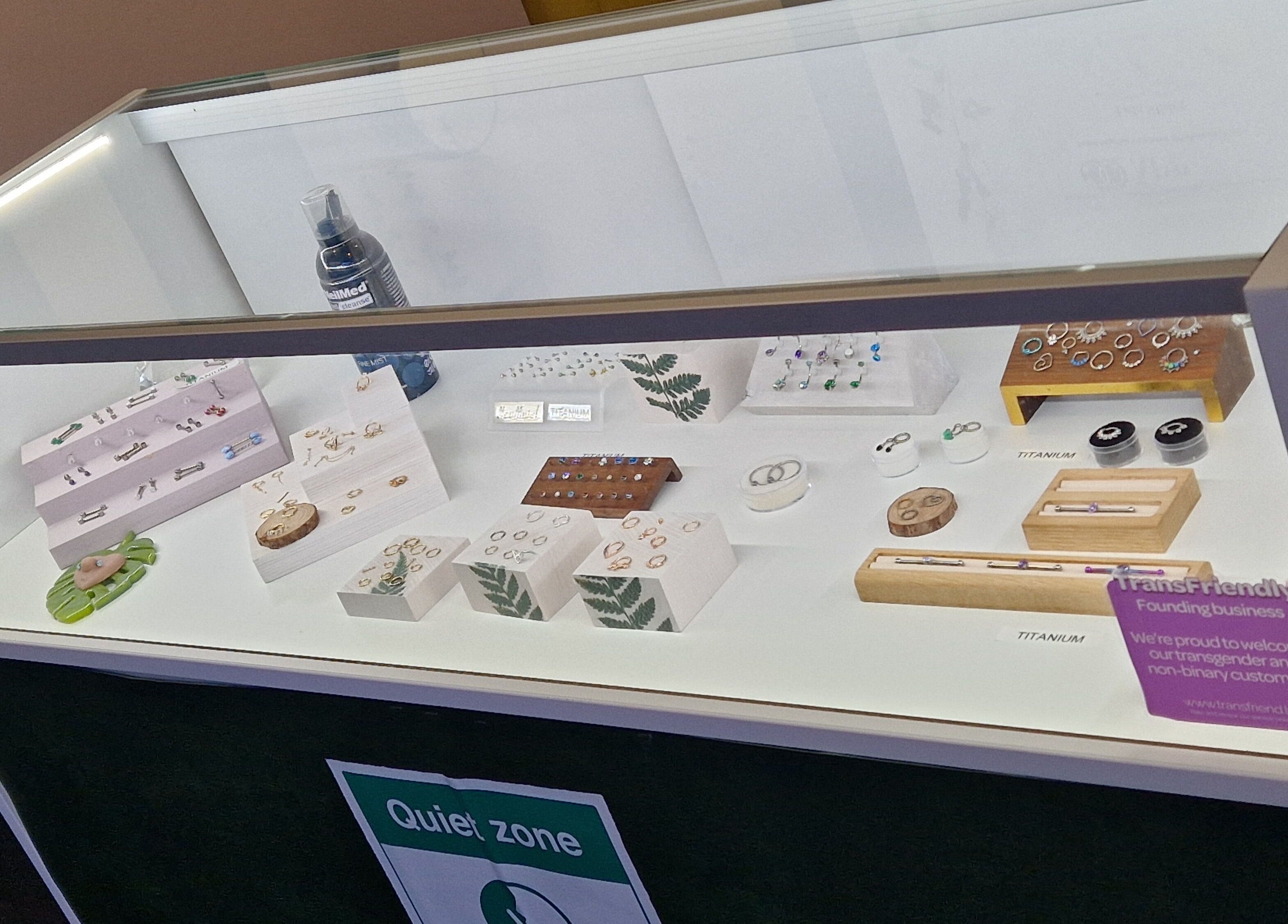 Jewelry showcase at Forest Piercing, Glasgow, Scotland, GB featuring rings and accessories.