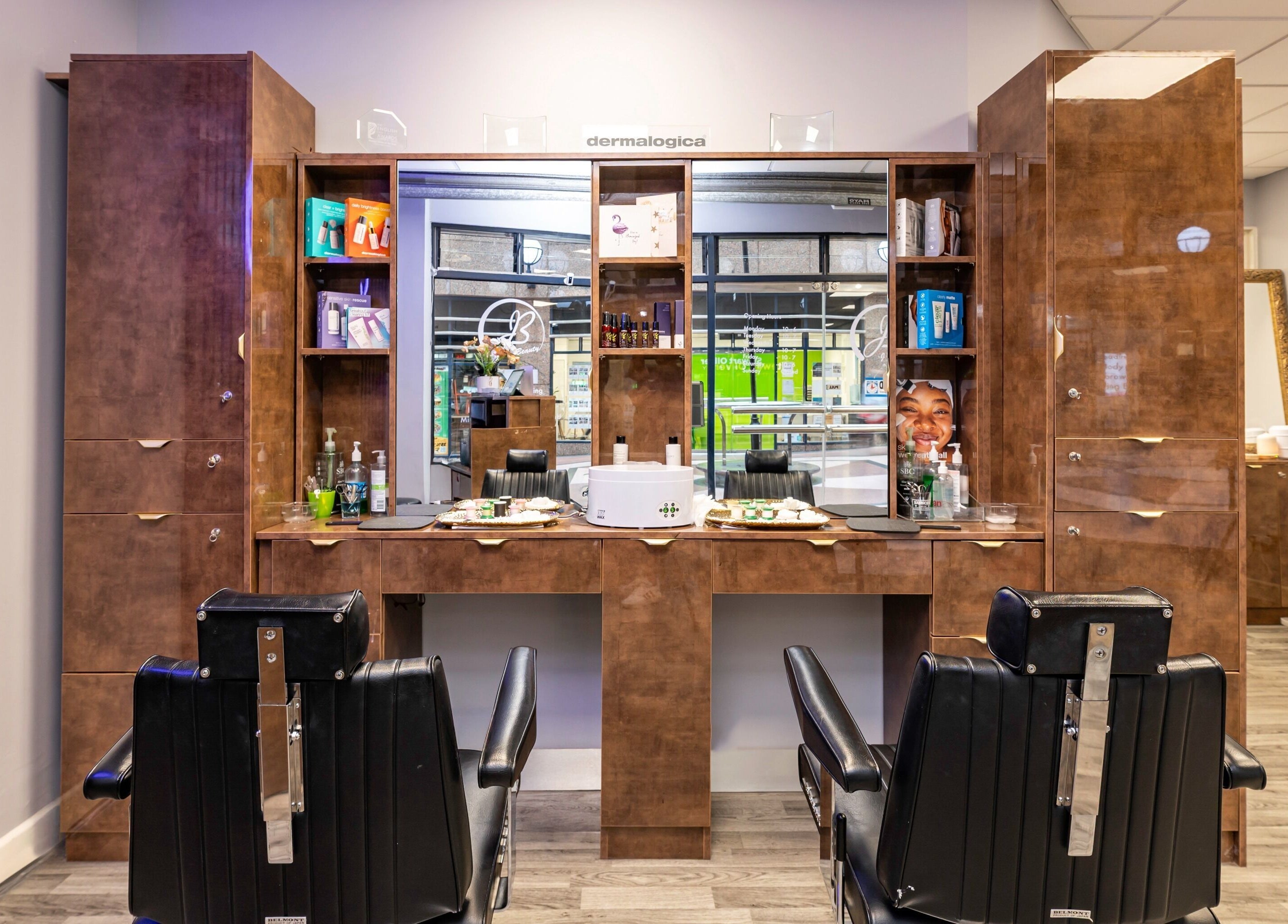 Stylish salon station at J Beauty by Nilima, Birmingham, England, GB, showcasing modern beauty products.