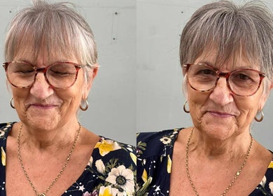 Smiling senior at 53 Fergus Ln, Cranbourne West VIC salon, Melbourne, Victoria, AU. Perfect makeup and hairstyling.