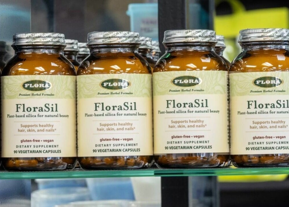 FloraSil supplements on display at Le Cache Salon, Newark, New Jersey, US. Supports hair, skin, and nails.