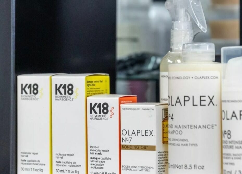 Le Cache Salon in Newark, New Jersey, US displays premium hair care products, including K18 and Olaplex.