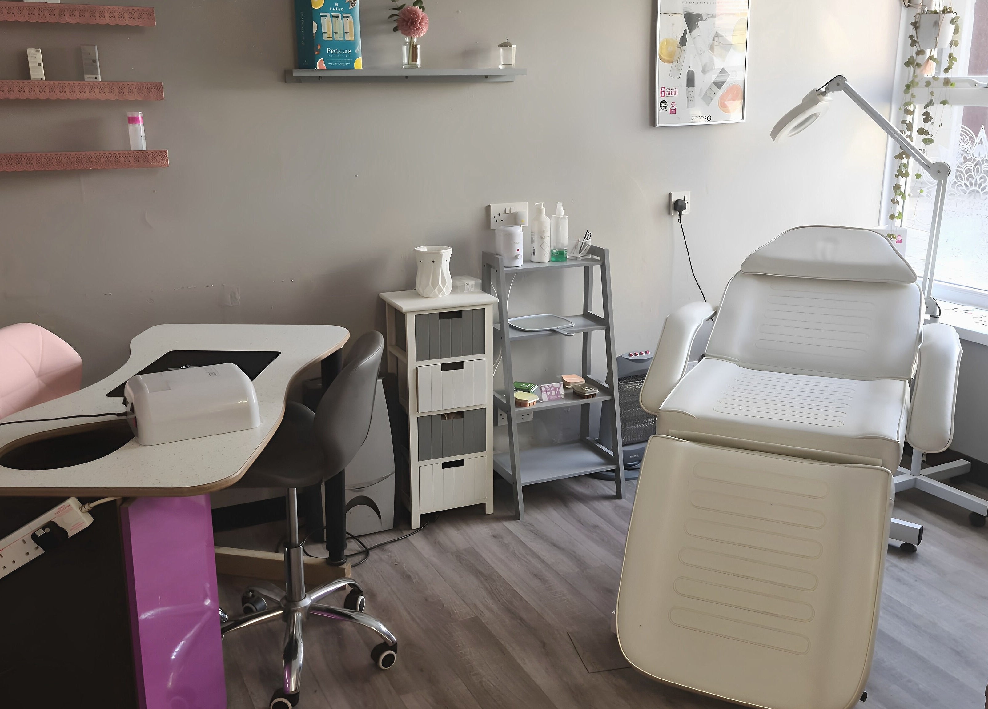 Tranquil nail and treatment station at Colour Chic in Redruth, England, GB, offering beauty and wellness services.