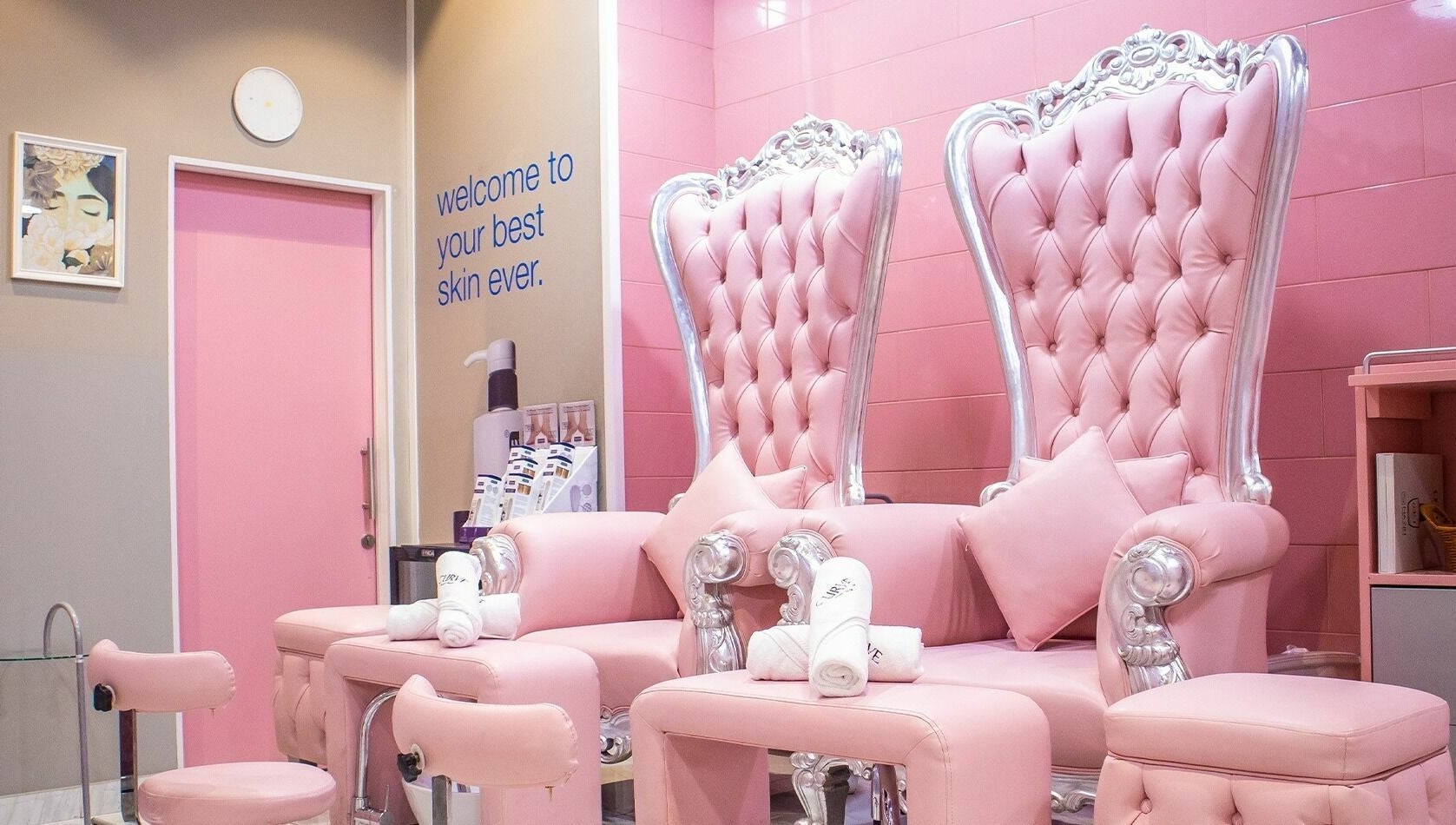 Luxurious pink seating in Curve Beauty Salon, Dubai, Dubai, AE, for a pampering wellness experience.