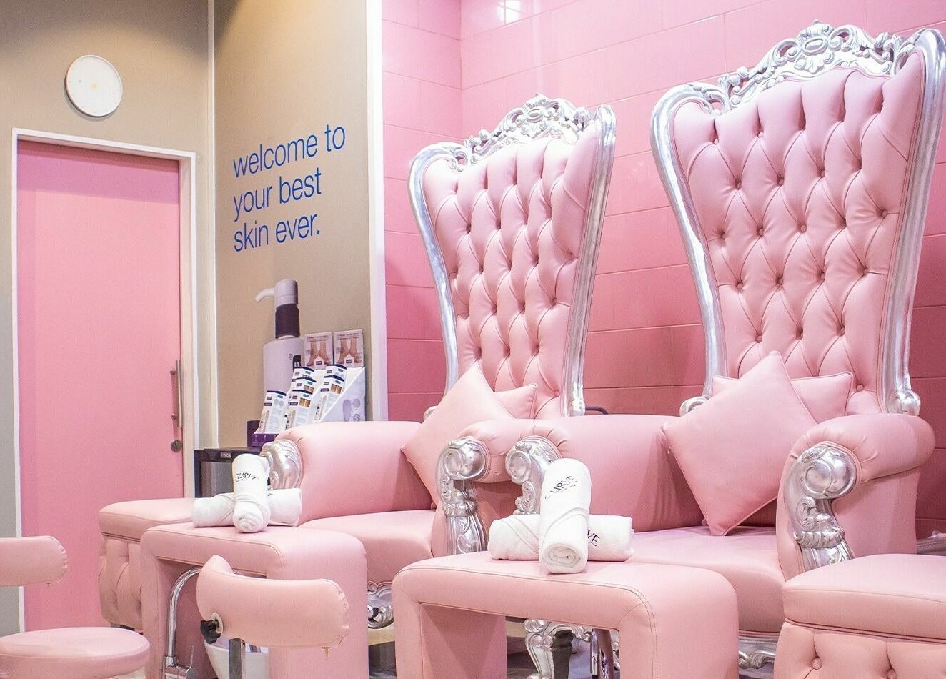 Luxurious pink seating in Curve Beauty Salon, Dubai, Dubai, AE, for a pampering wellness experience.