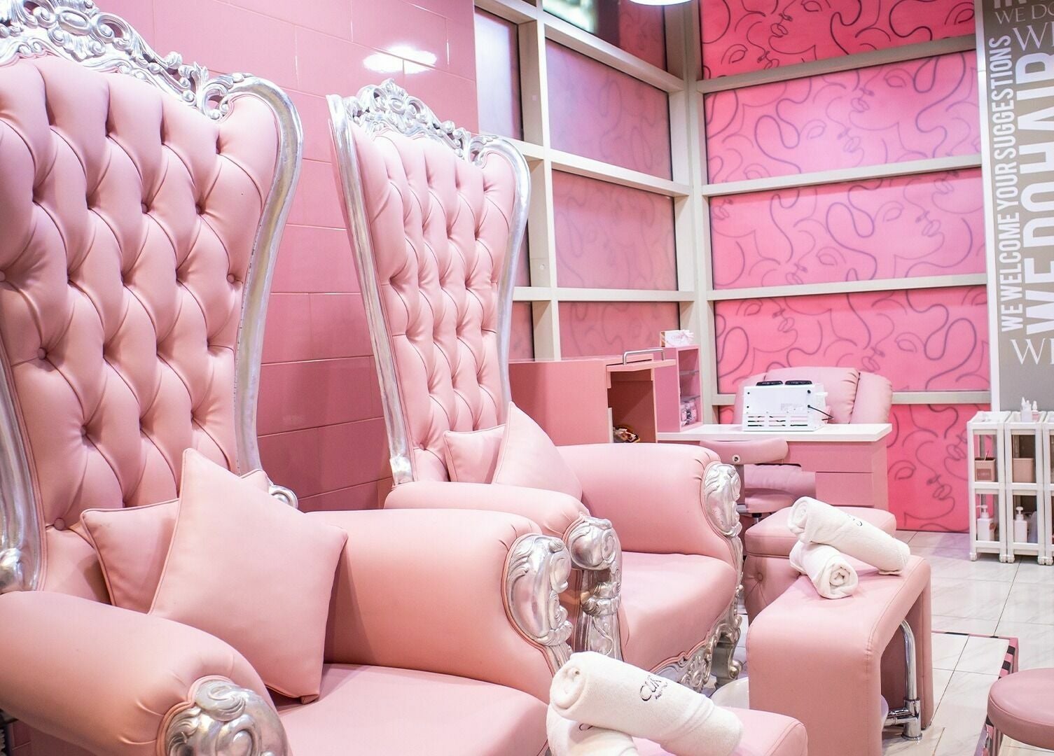 Luxurious pink chairs at Curve Beauty Salon, Dubai, Dubai, AE for indulgent pampering experience.
