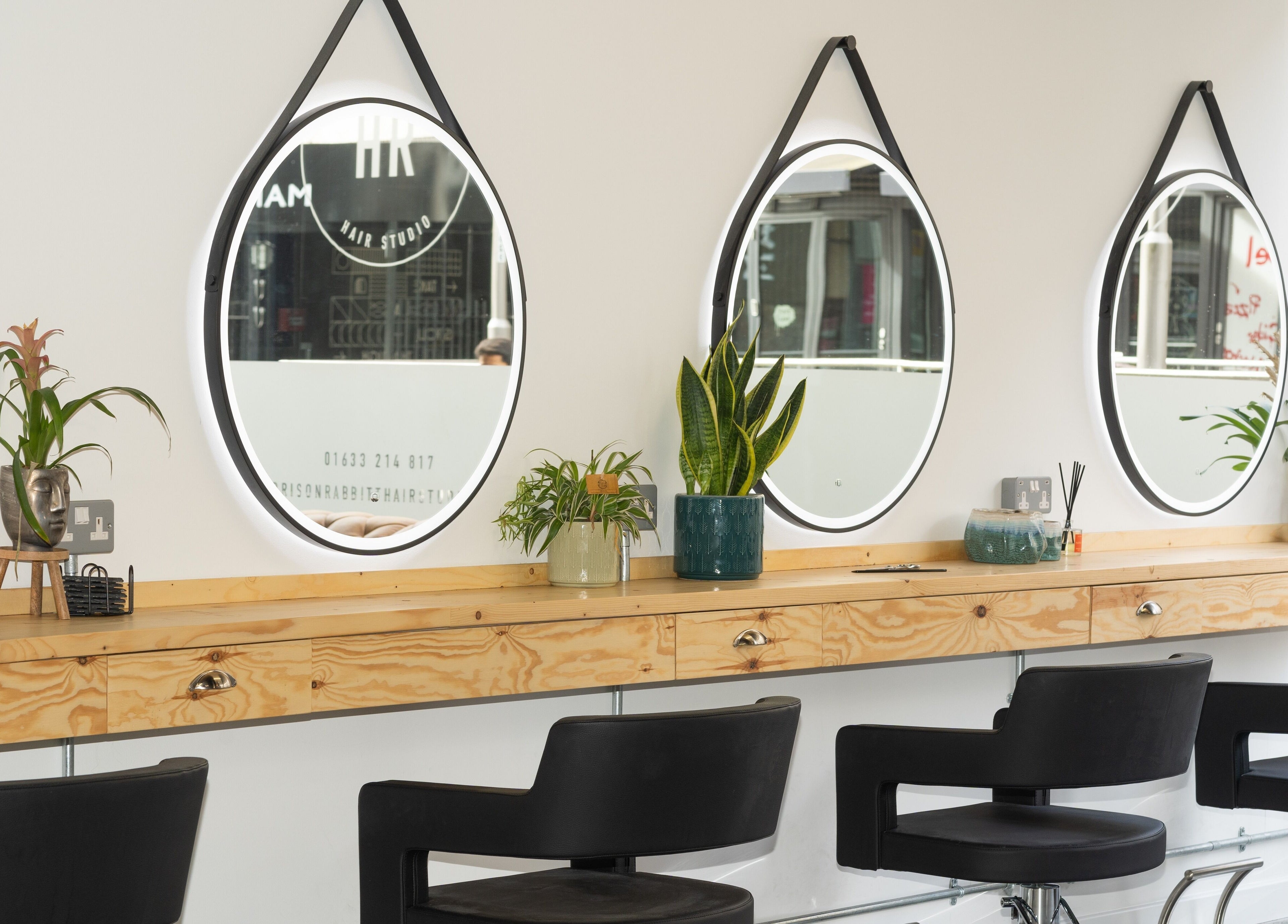 Stylish salon interior with mirrors and plants at Harrison Rabbitt Hair Studio in Newport, Wales, GB.