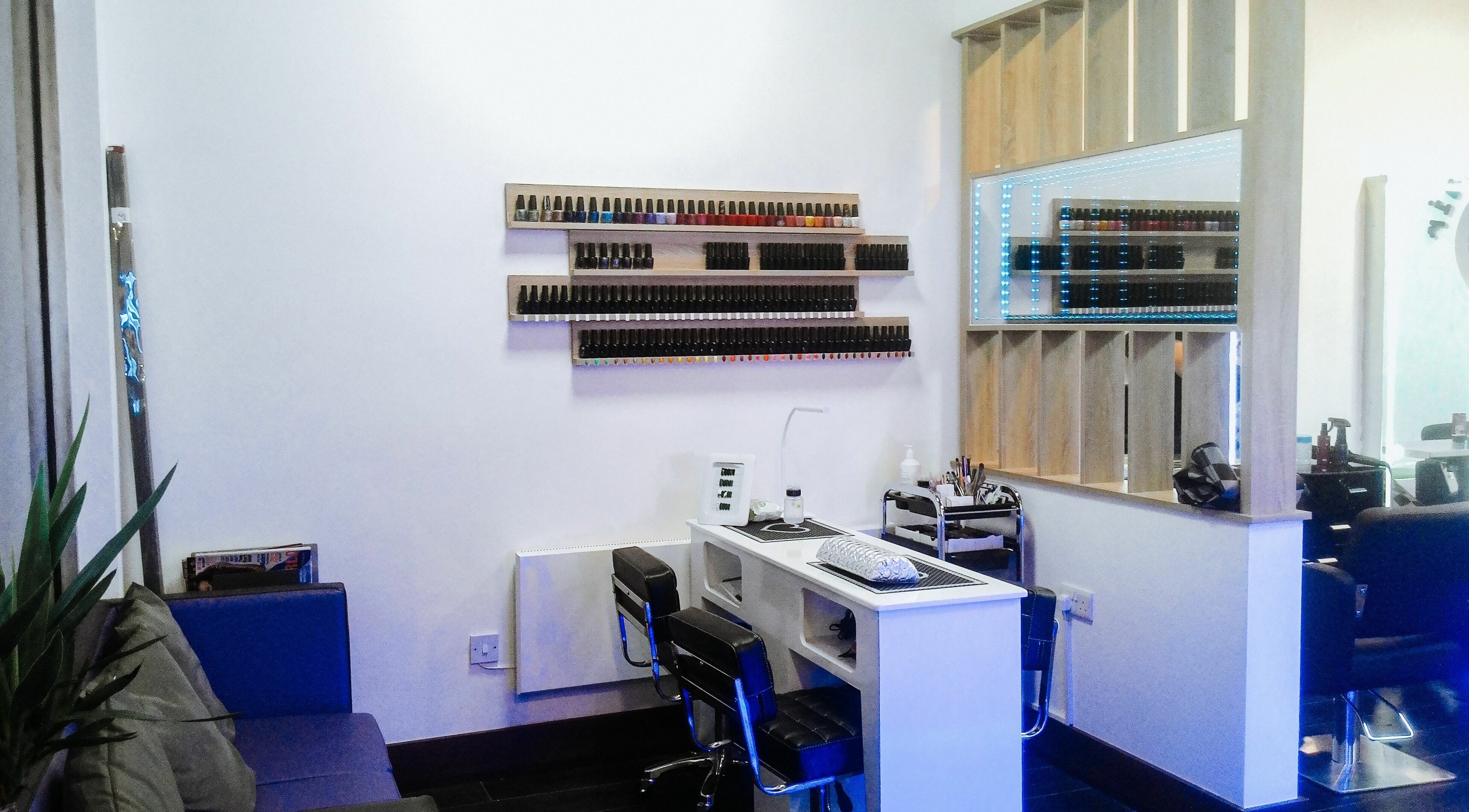Modern nail station at Rick's Hair Workshop, Dublin, County Dublin, IE, showcasing sleek and organized setup.
