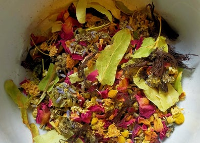 A vibrant mix of dried herbs and petals at AmberLuna Apothecary, Bristol, England, GB.