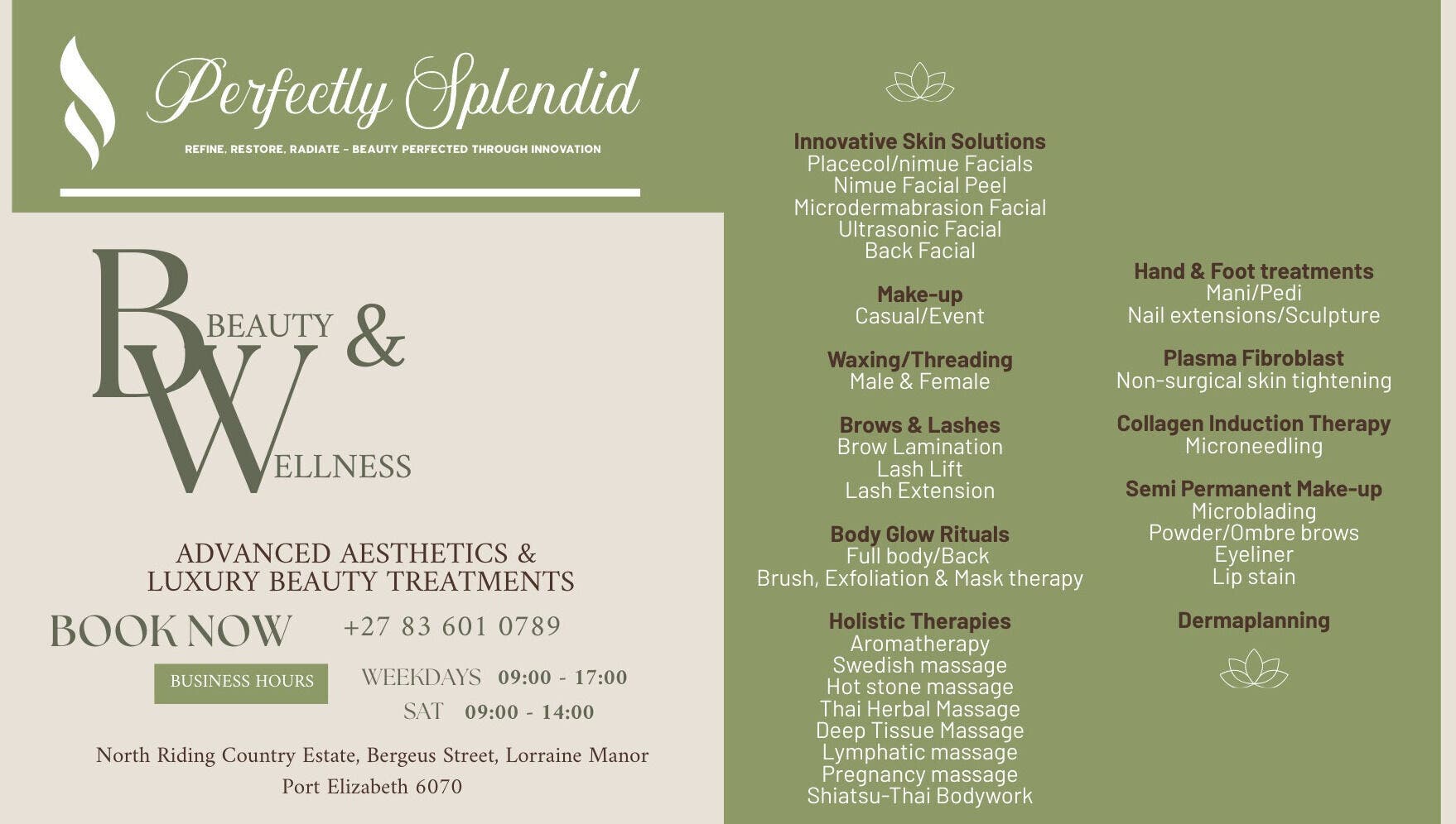 Menu of beauty treatments and services at Perfectly Splendid By Lucinda Hill, Gqeberha, Eastern Cape, ZA.