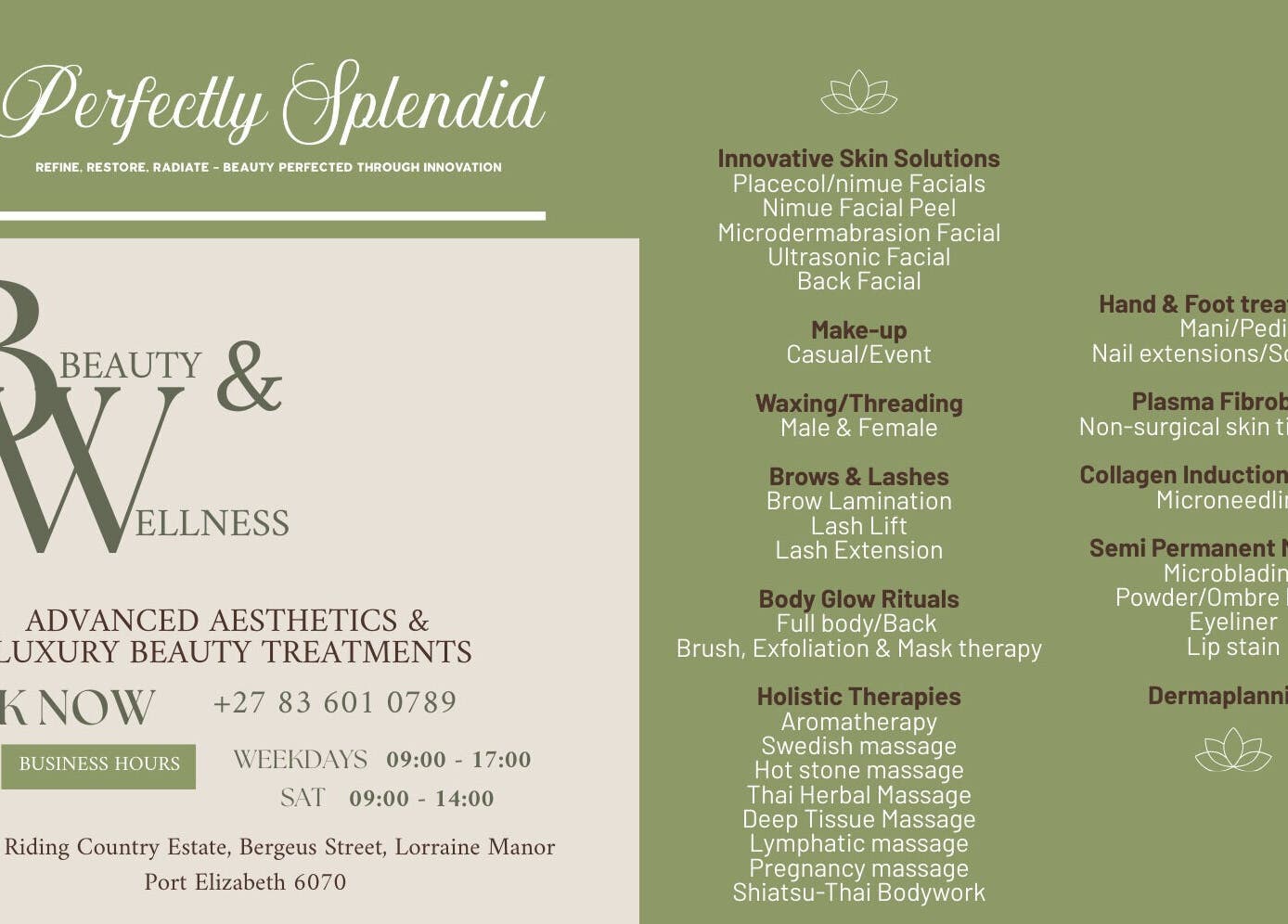 Menu of beauty treatments and services at Perfectly Splendid By Lucinda Hill, Gqeberha, Eastern Cape, ZA.