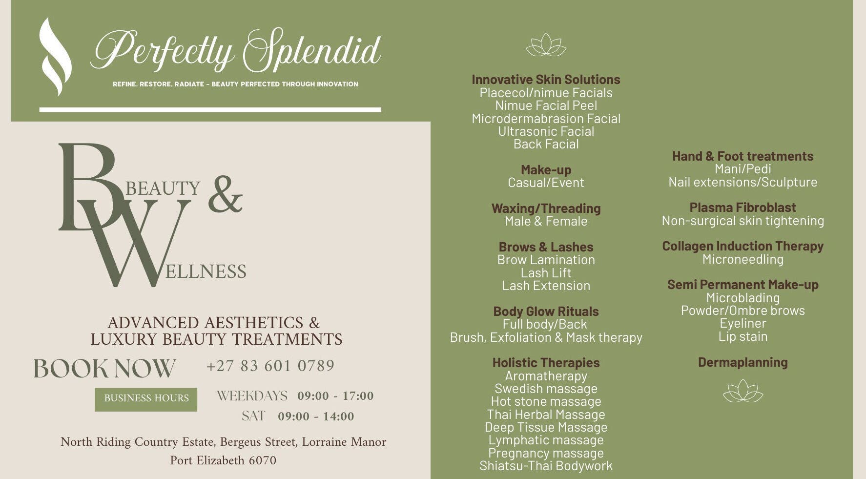 Menu of beauty treatments and services at Perfectly Splendid By Lucinda Hill, Gqeberha, Eastern Cape, ZA.