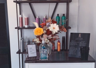 Elegant shelf with beauty products at Allaur-currently booking Lauren & Alyssa, Evergreen Park, Illinois, US.